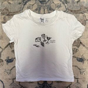 Princess Polly White Graphic Crop Tee with Wine & Cheese Sketch